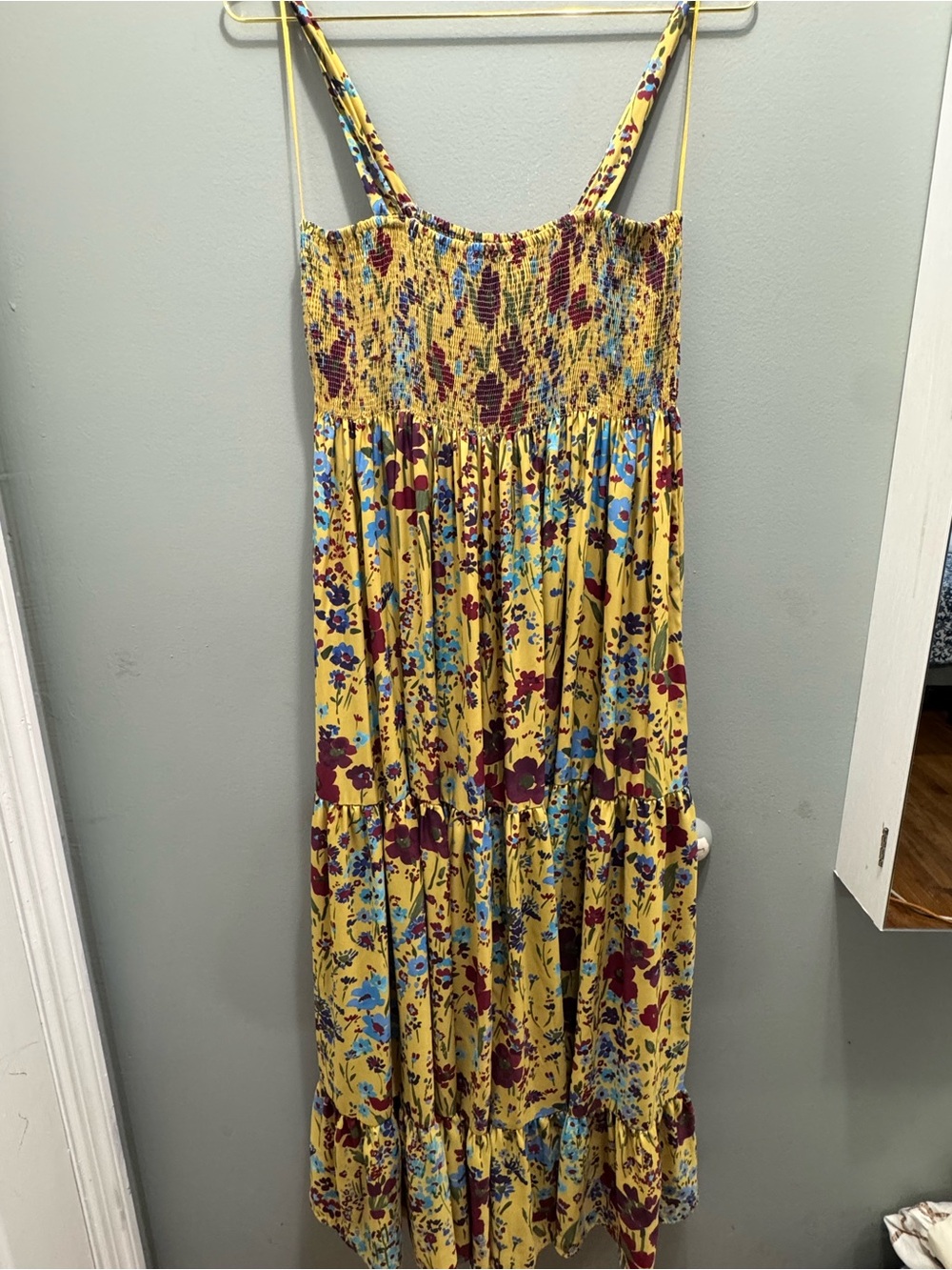Zara Yellow Floral Smocked Maxi Dress with Blue & Burgundy Blooms